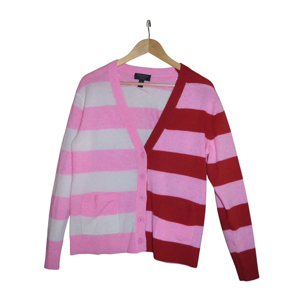 Charter Club Cardigan Womens M Pink Red Cashmere Striped Colorblock Excellent